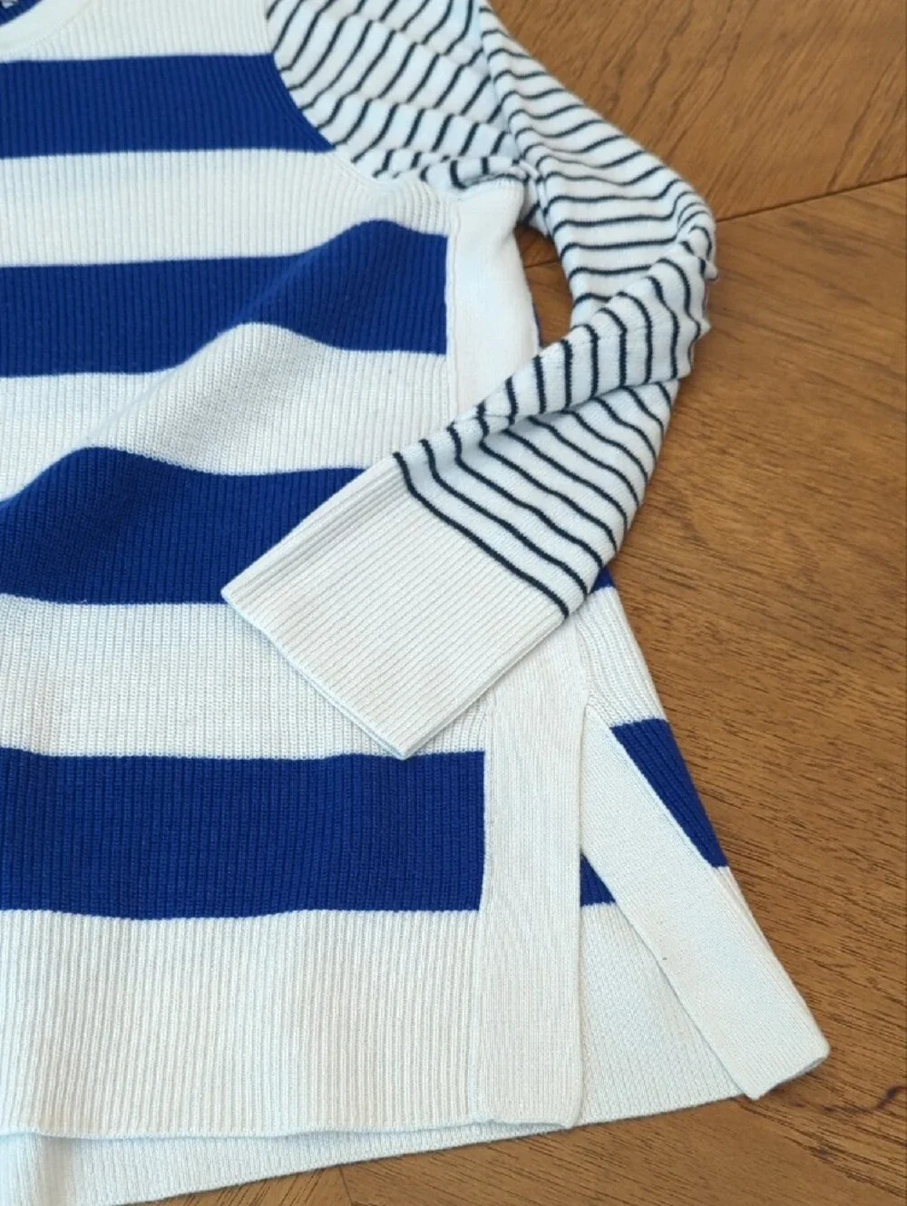 LOFT Blue, Black, and White Striped Crewneck Sweater